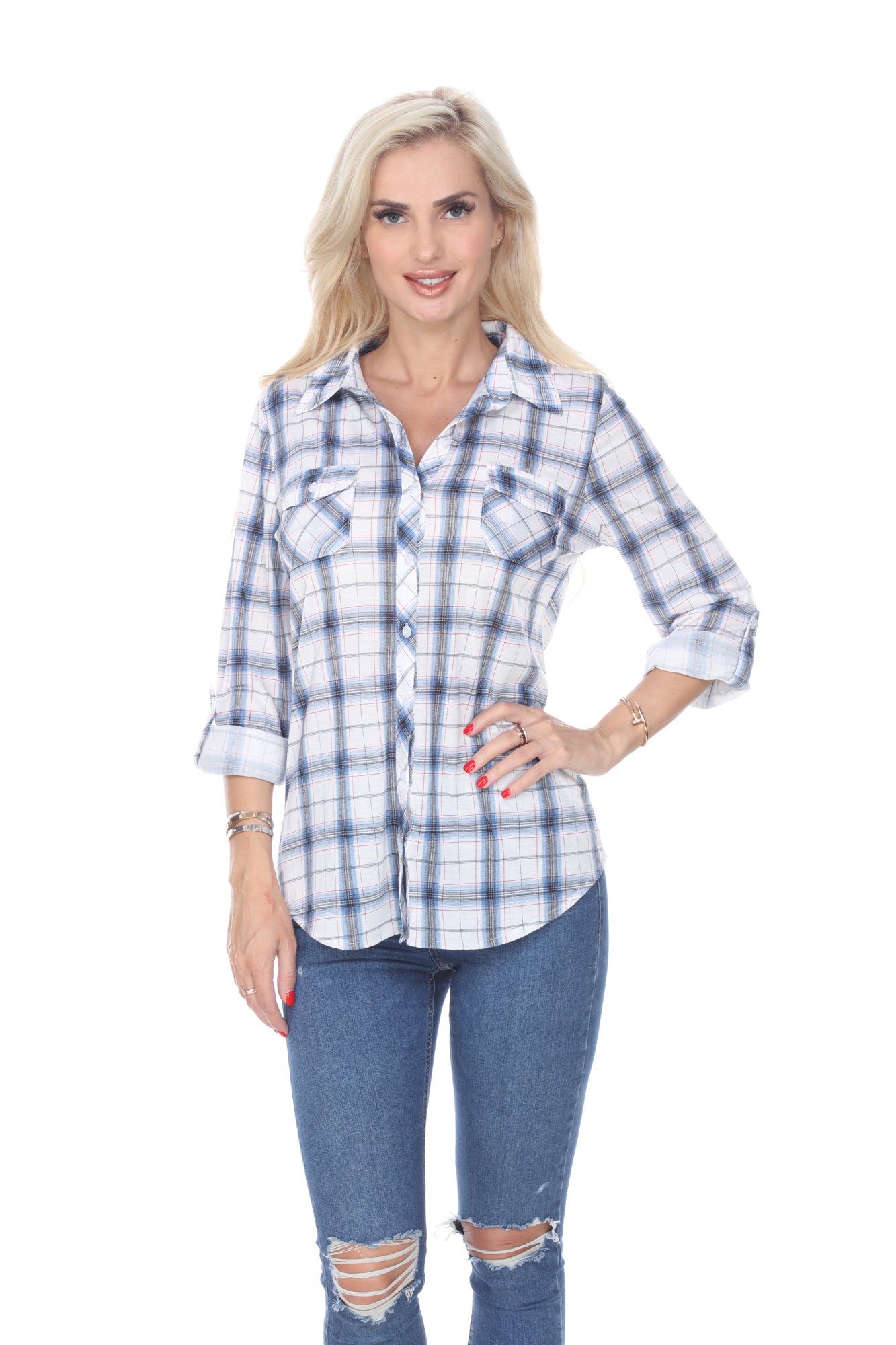 White Mark Women's Oakley Stretch Plaid Button Up Rolled Cuff Top