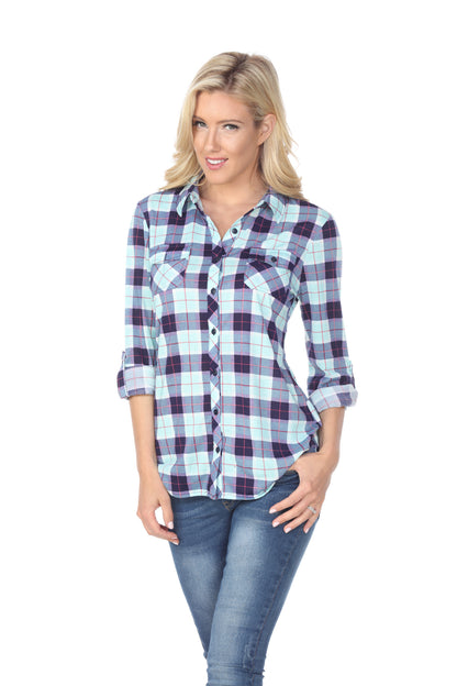 White Mark Women's Oakley Stretch Plaid Button Up Rolled Cuff Top