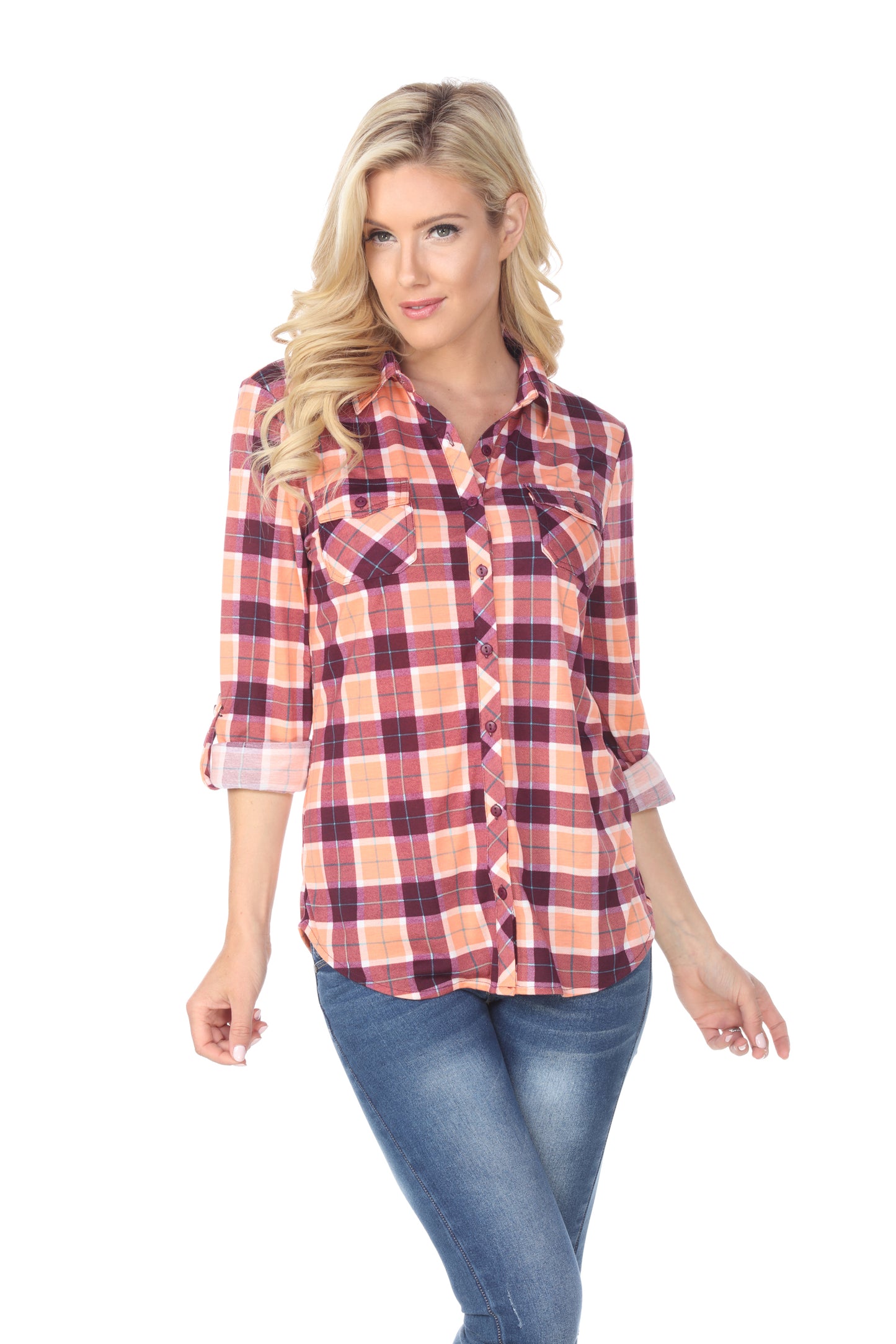 White Mark Women's Oakley Stretch Plaid Button Up Rolled Cuff Top
