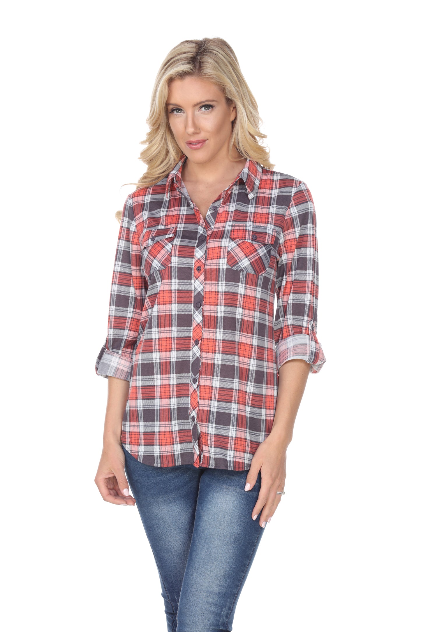 White Mark Women's Oakley Stretch Plaid Button Up Rolled Cuff Top