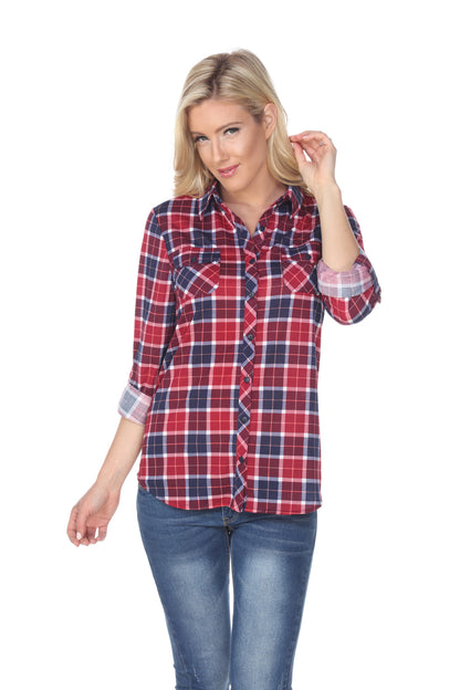 White Mark Women's Oakley Stretch Plaid Button Up Rolled Cuff Top