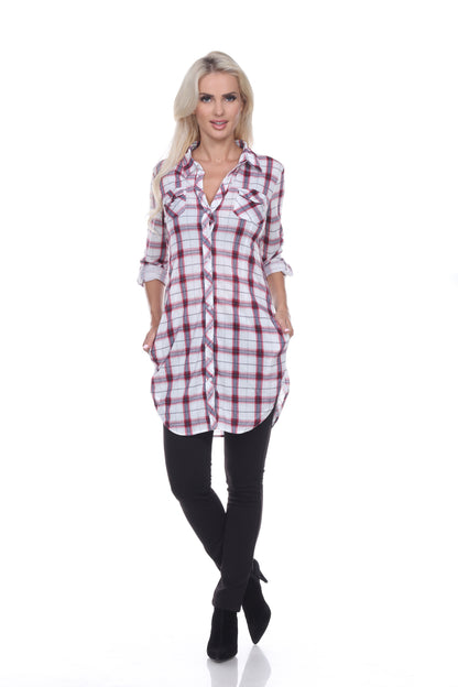 White Mark Women's Piper Stretch Plaid Rounded Hem Tunic Top