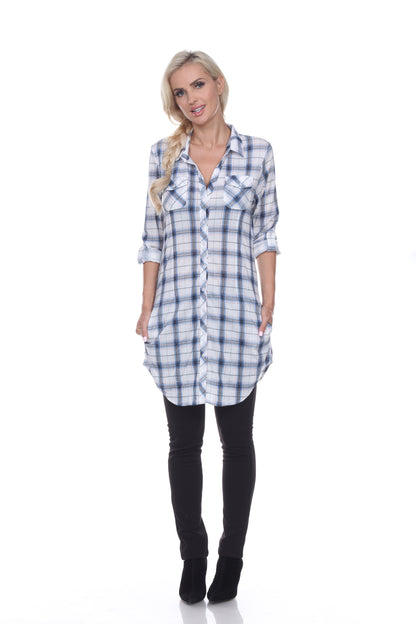 White Mark Women's Piper Stretch Plaid Rounded Hem Tunic Top