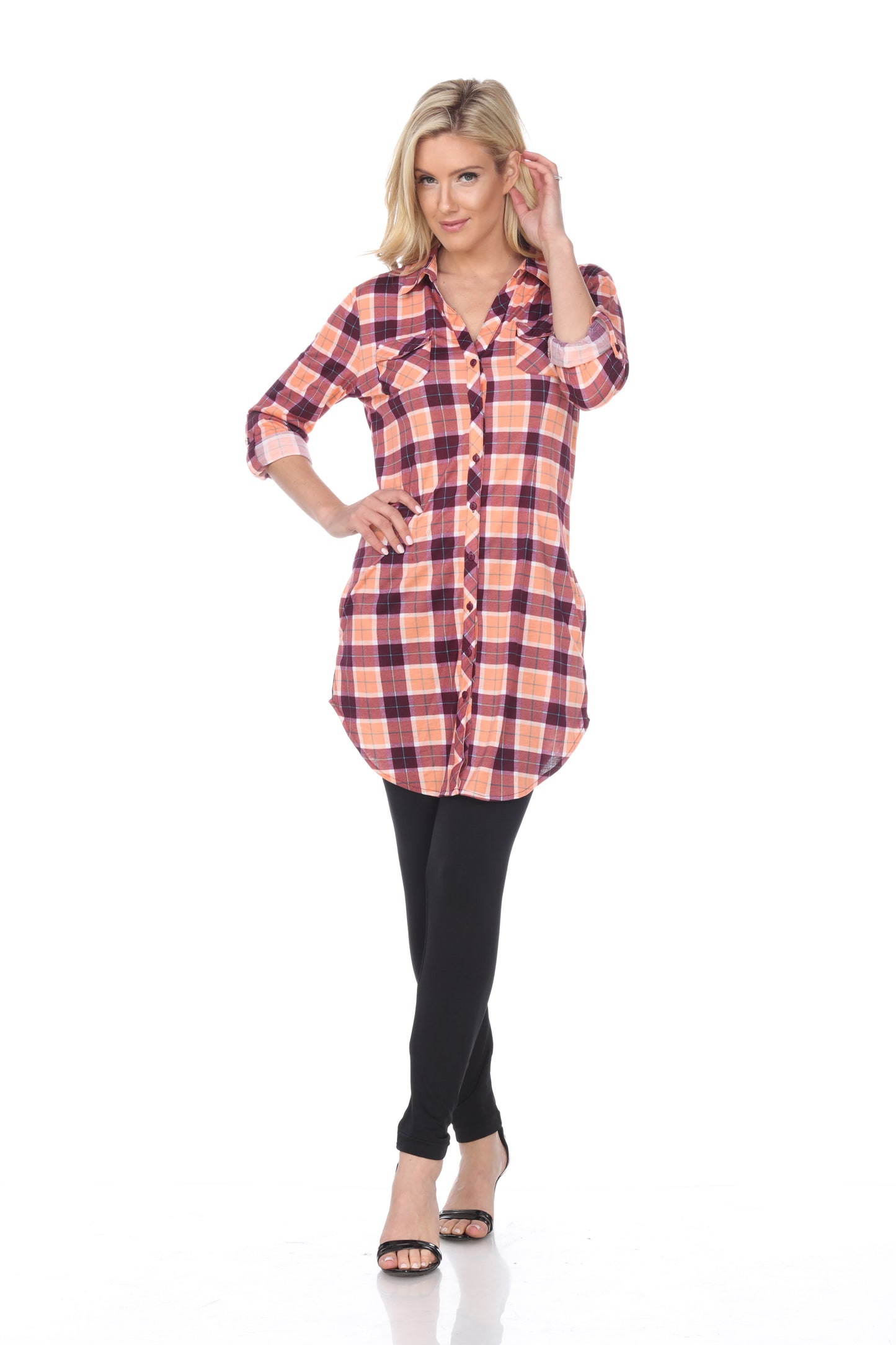 White Mark Women's Piper Stretch Plaid Rounded Hem Tunic Top