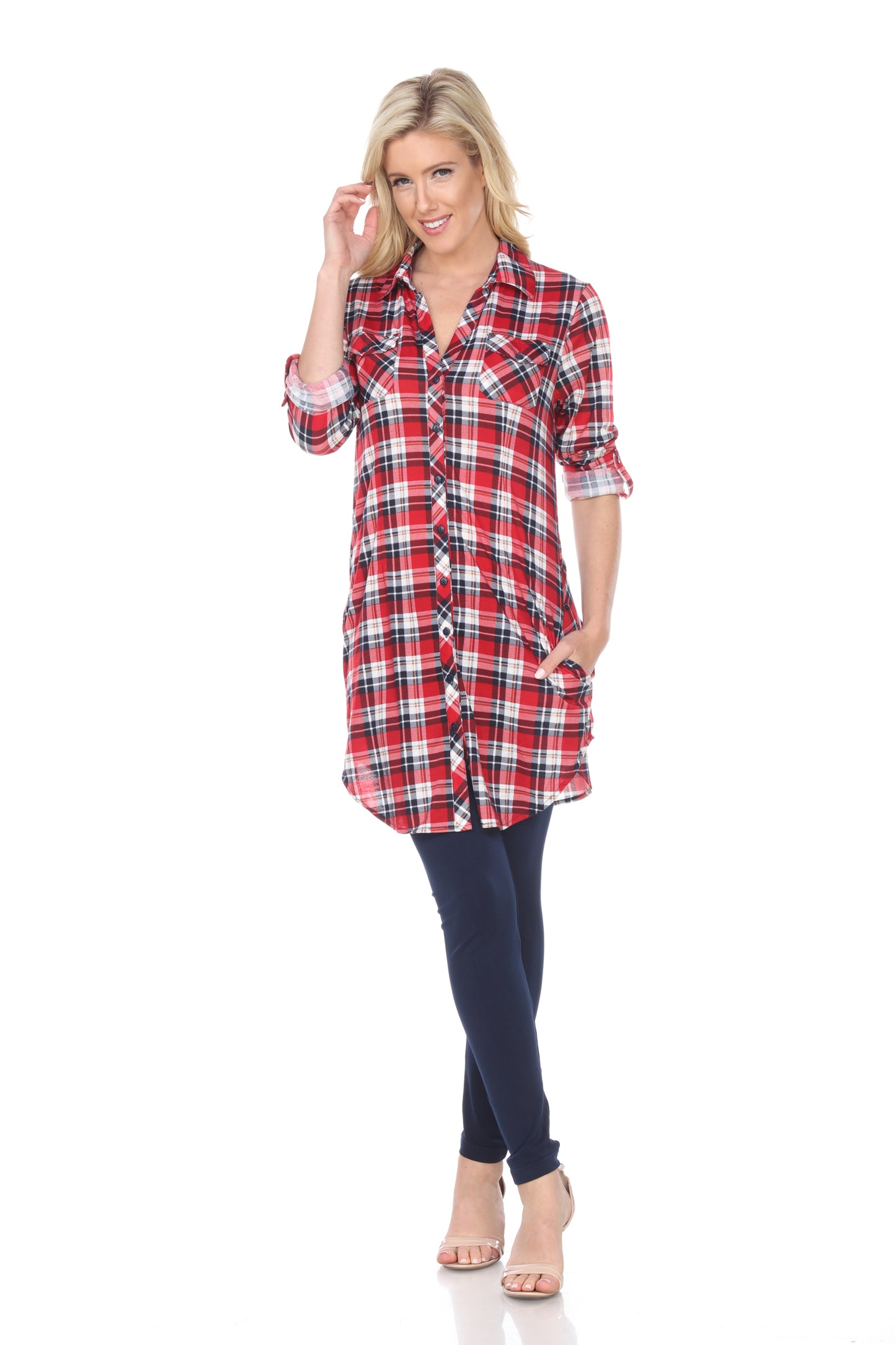 White Mark Women's Piper Stretch Plaid Rounded Hem Tunic Top