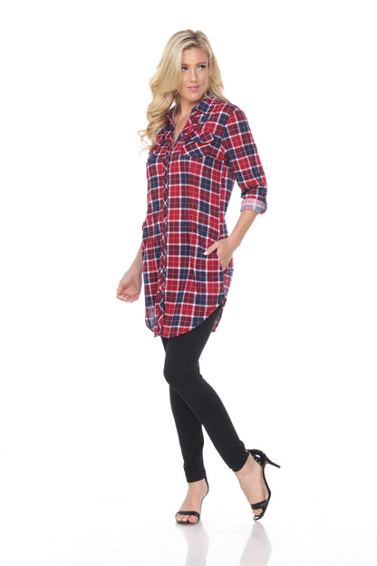 White Mark Women's Piper Stretch Plaid Rounded Hem Tunic Top