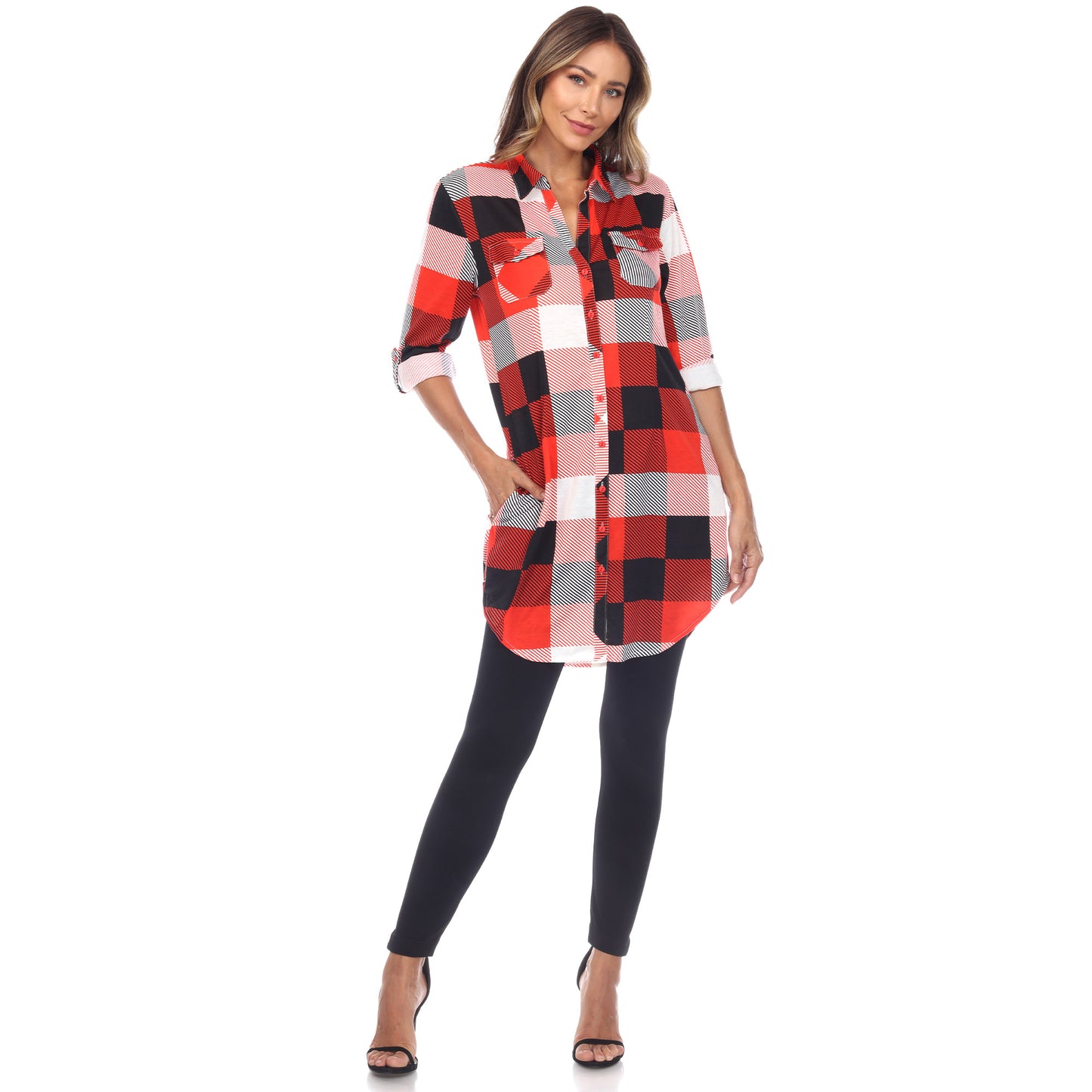 White Mark Women's Buffalo Plaid Rounded Hem Tunic Top
