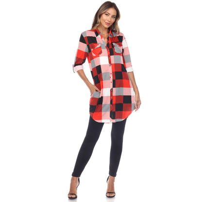 White Mark Women's Buffalo Plaid Rounded Hem Tunic Top