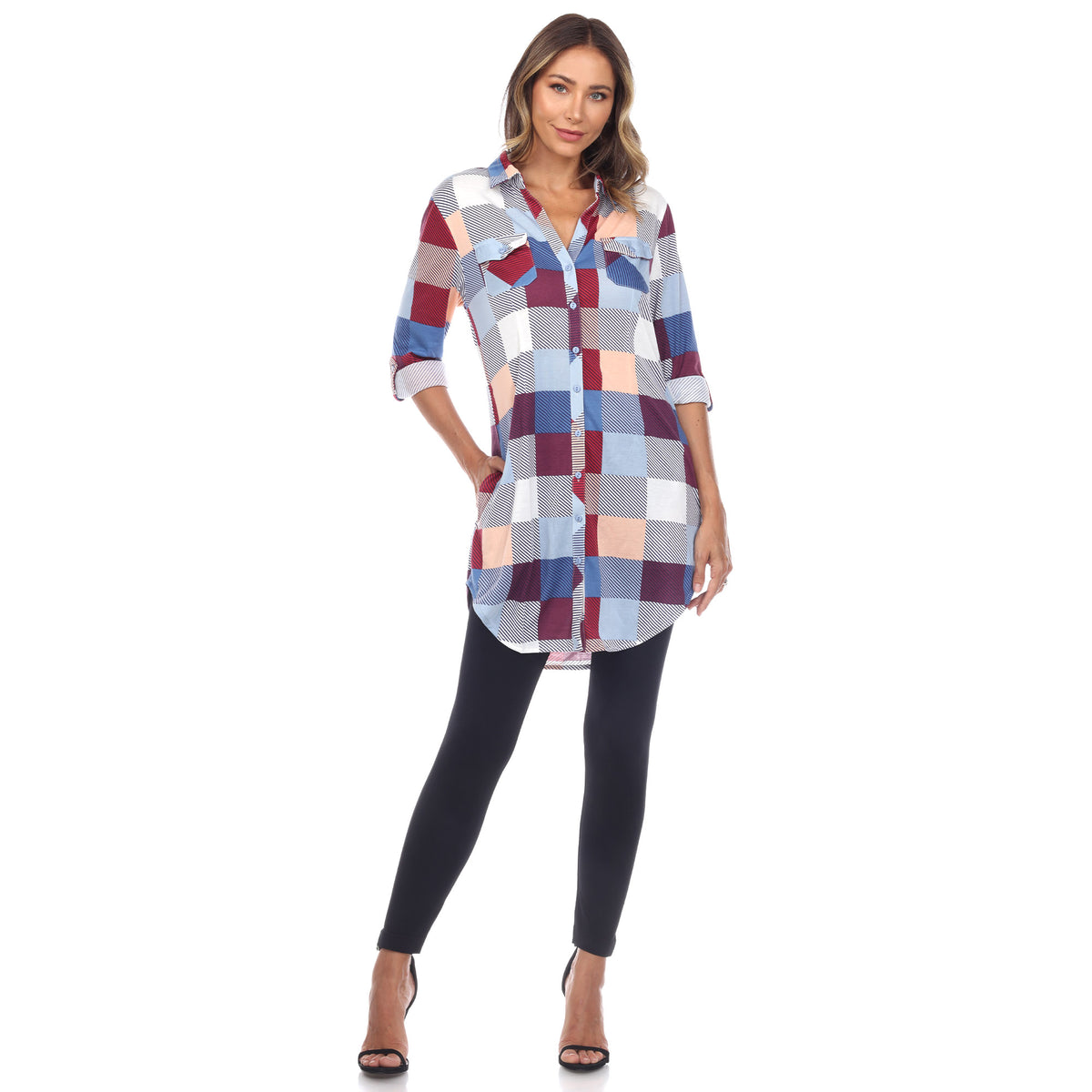 White Mark Women's Buffalo Plaid Rounded Hem Tunic Top