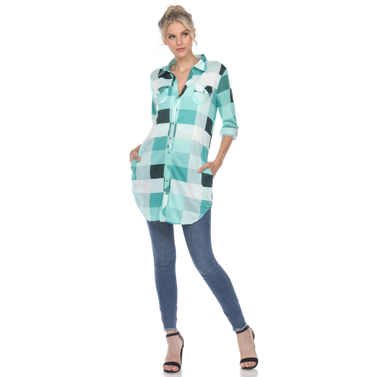 White Mark Women's Buffalo Plaid Rounded Hem Tunic Top