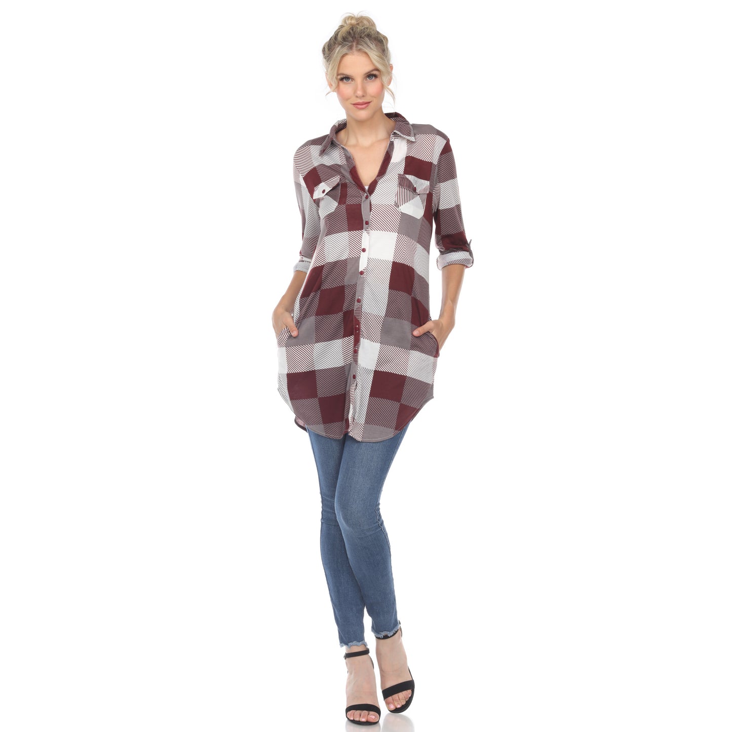 White Mark Women's Buffalo Plaid Rounded Hem Tunic Top