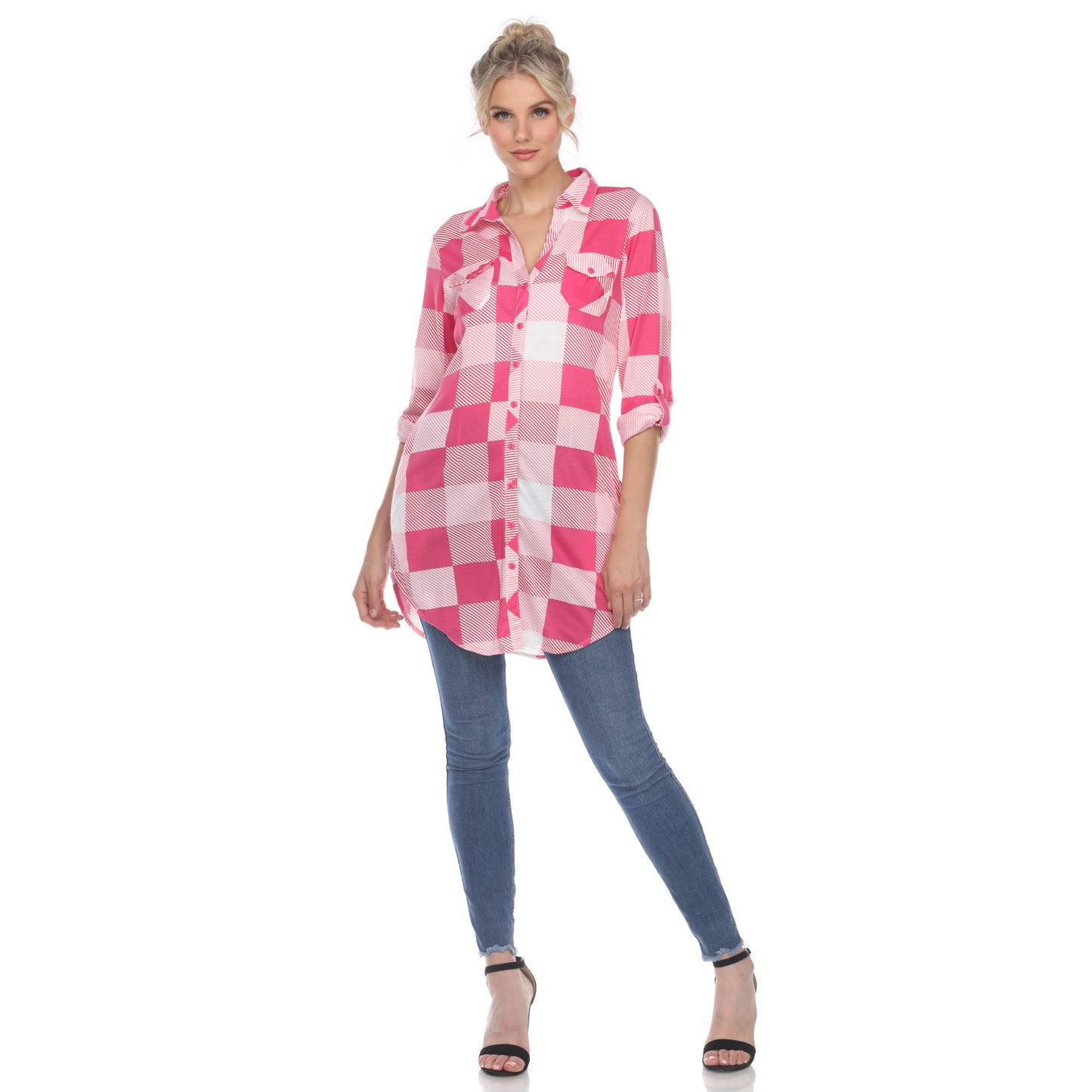 White Mark Women's Buffalo Plaid Rounded Hem Tunic Top