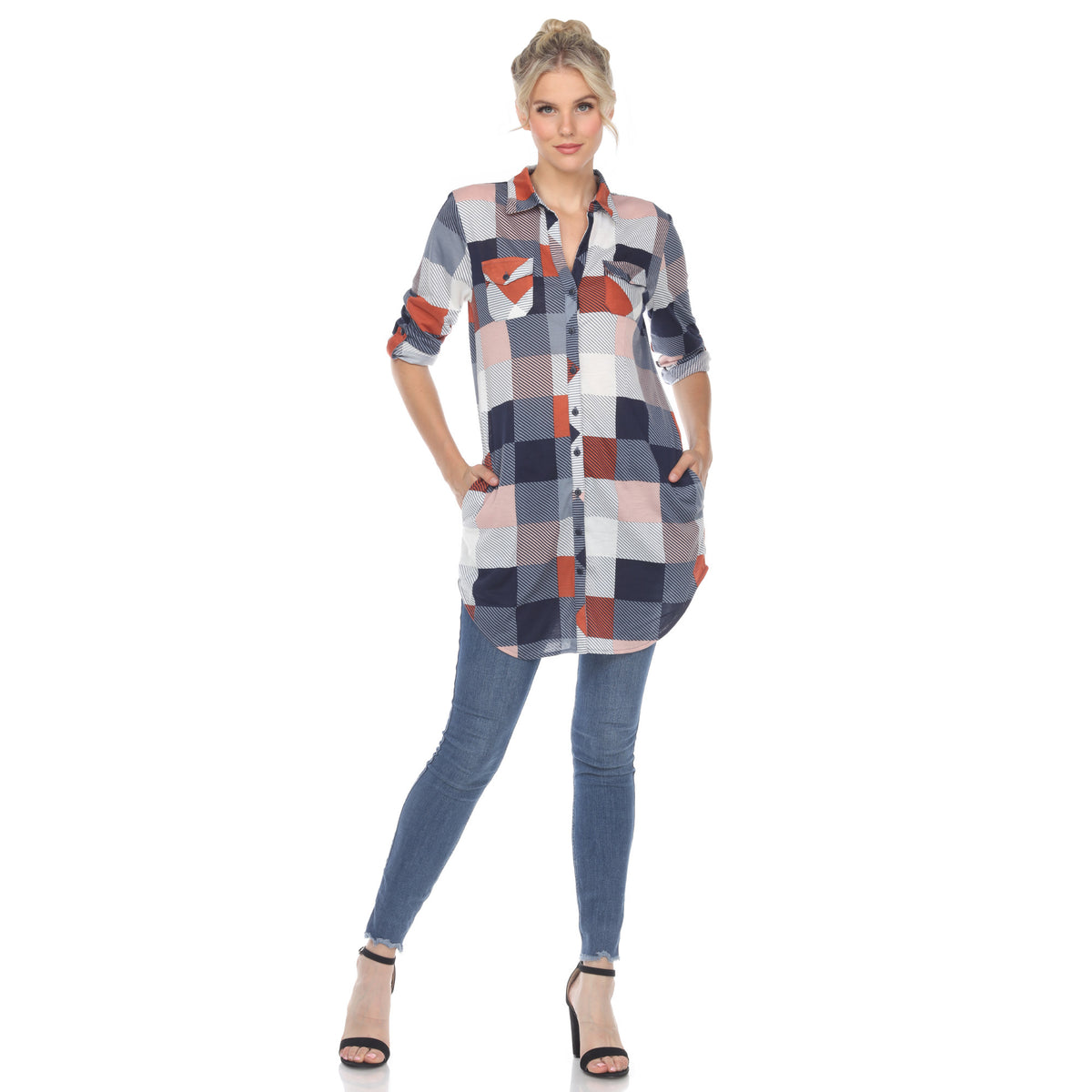 White Mark Women's Buffalo Plaid Rounded Hem Tunic Top