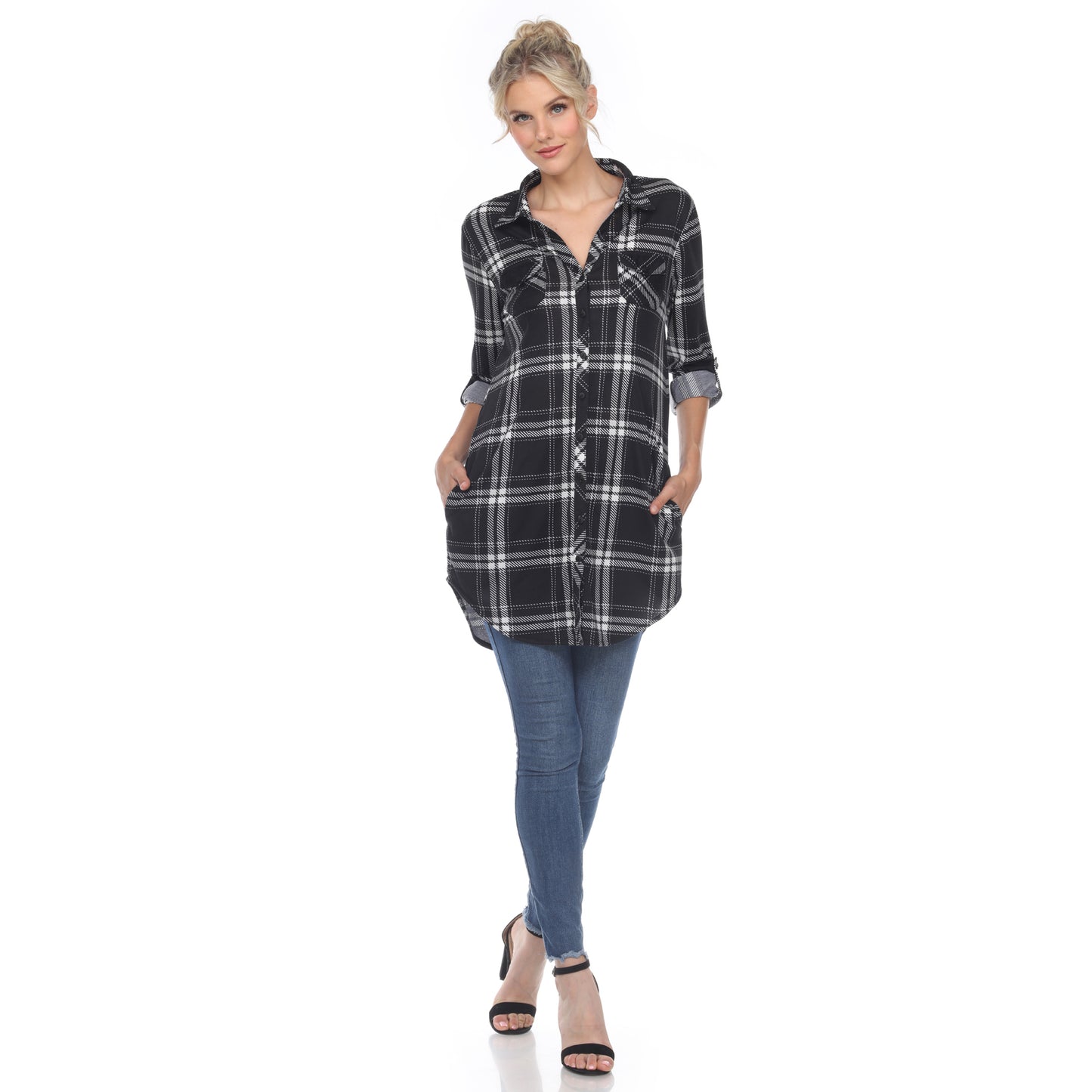 White Mark Women's Plaid Rounded Hem Tunic Top