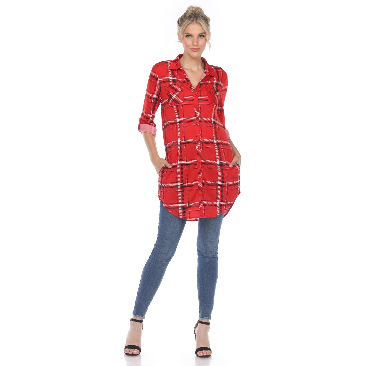 White Mark Women's Plaid Rounded Hem Tunic Top