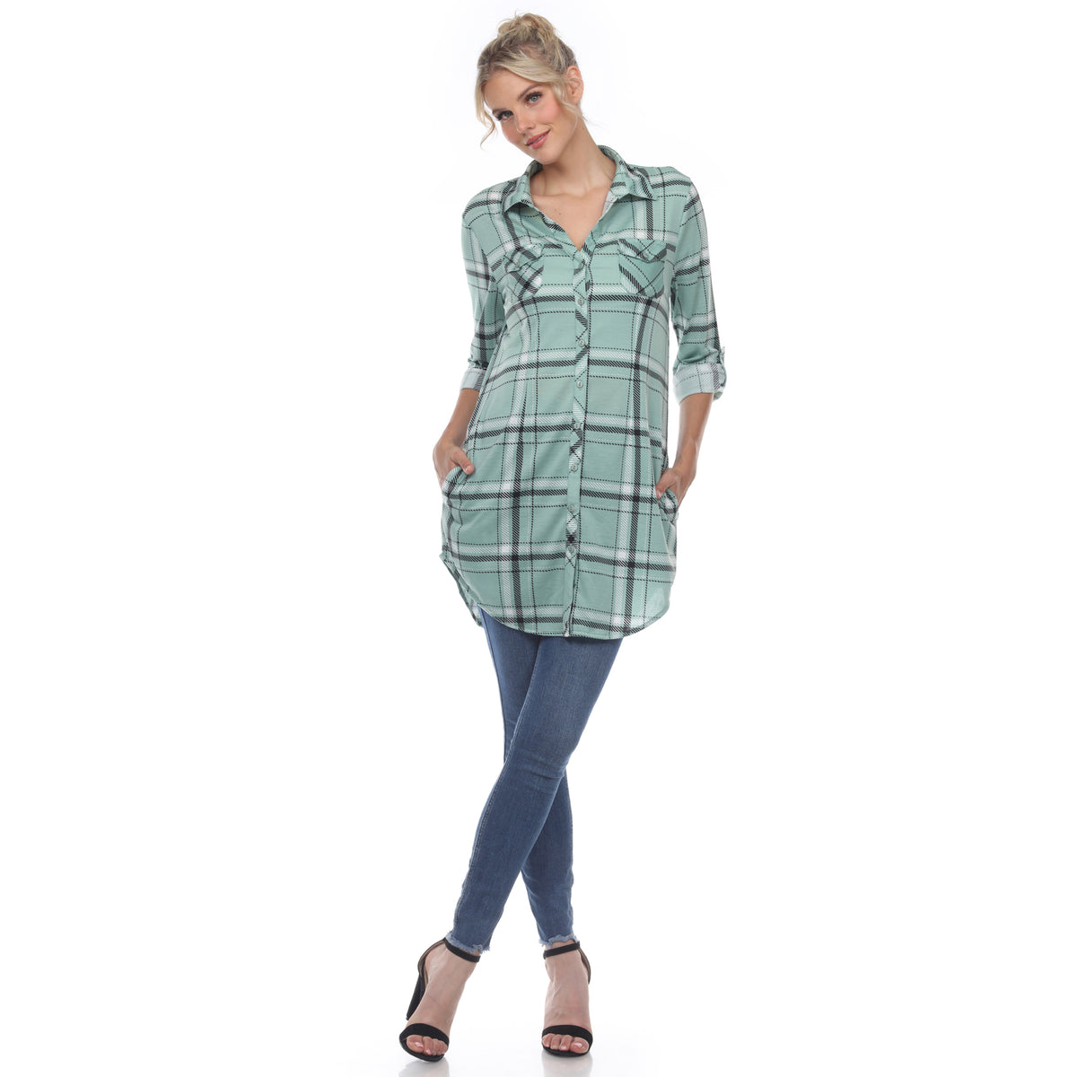 White Mark Women's Plaid Rounded Hem Tunic Top