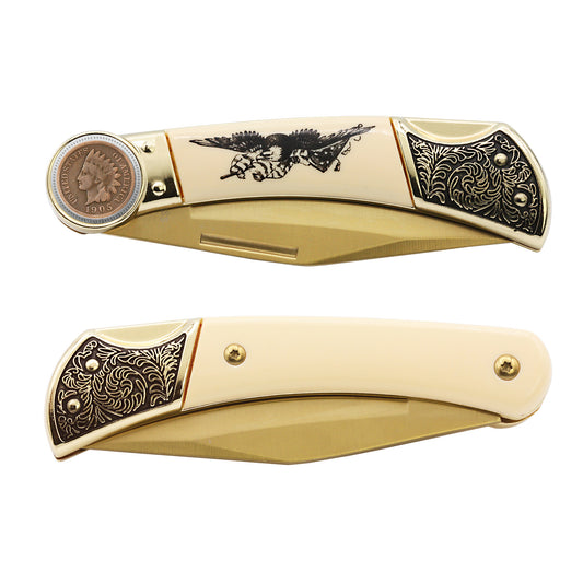 1859-1909 Indian Head Penny Pocket Knife w/ American Bald Eagle and United States Flag Design