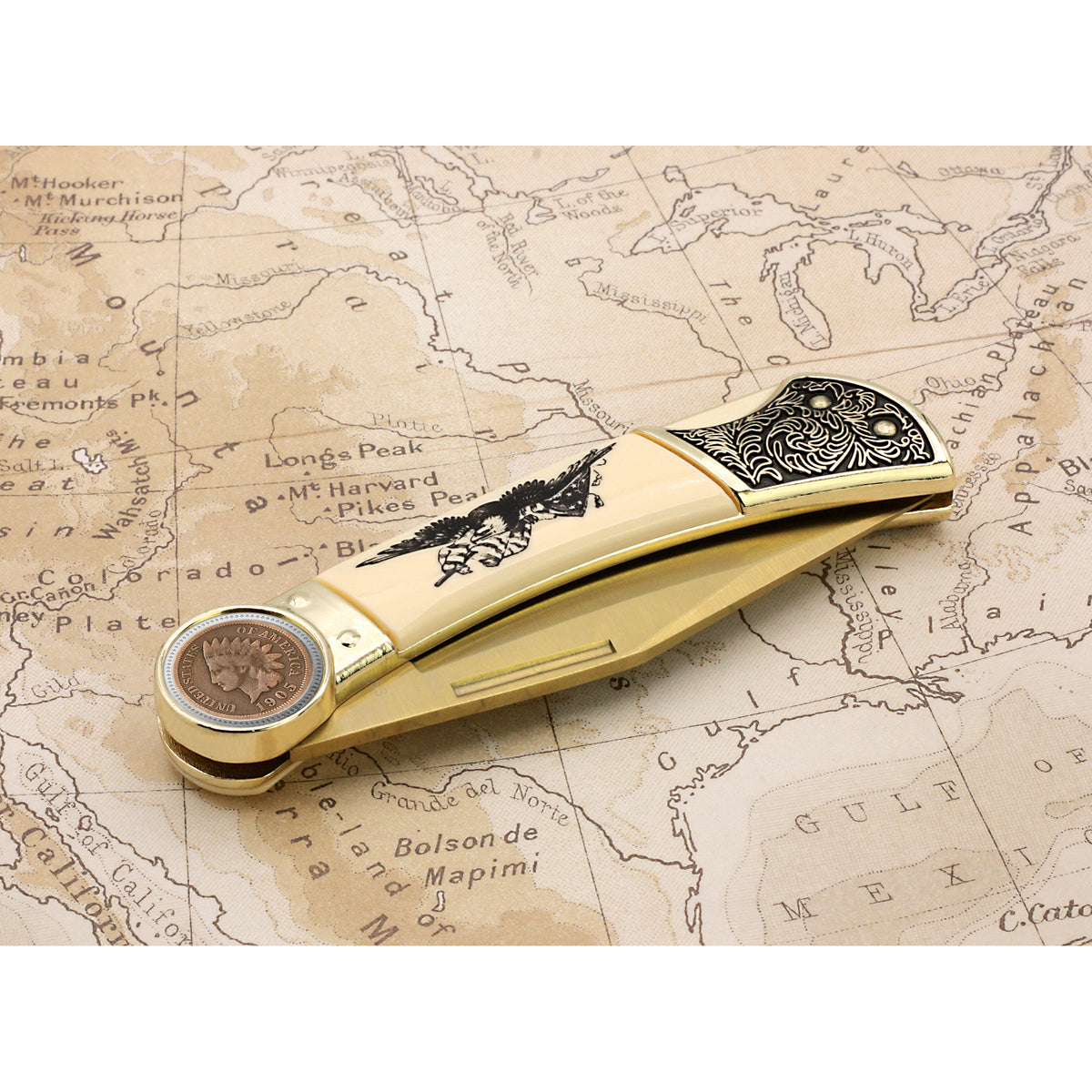 1859-1909 Indian Head Penny Pocket Knife w/ American Bald Eagle and United States Flag Design