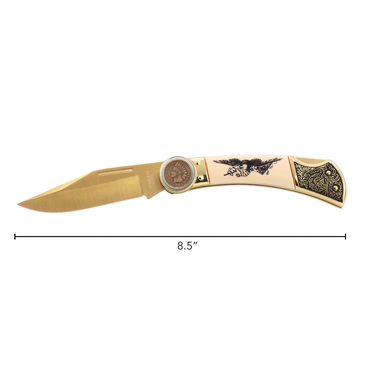 1859-1909 Indian Head Penny Pocket Knife w/ American Bald Eagle and United States Flag Design