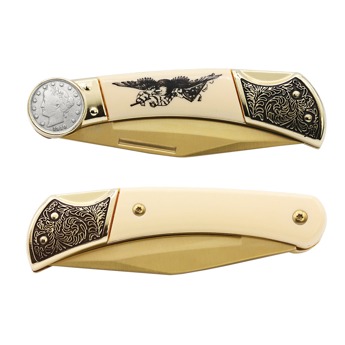 1883-1912 Liberty Nickel Pocket Knife w/ American Bald Eagle and United States Flag Design