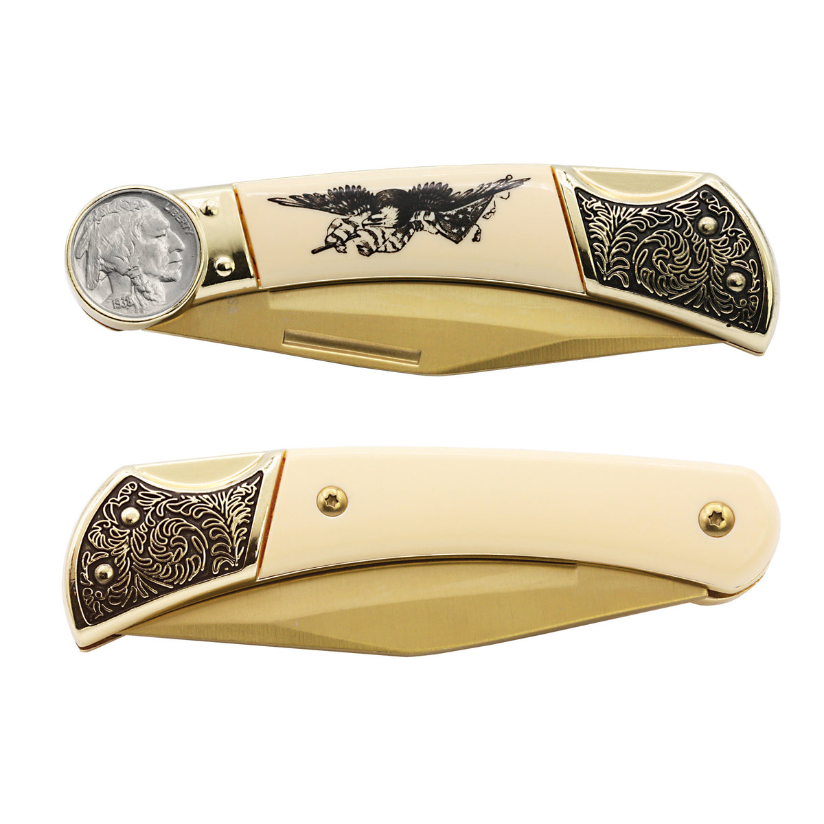1913-1938 Buffalo Nickel Pocket Knife with American Bald Eagle and United States Flag Design