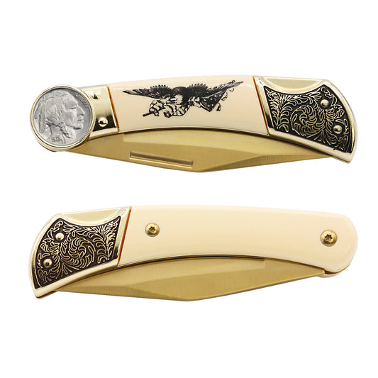 1913-1938 Buffalo Nickel Pocket Knife with American Bald Eagle and United States Flag Design