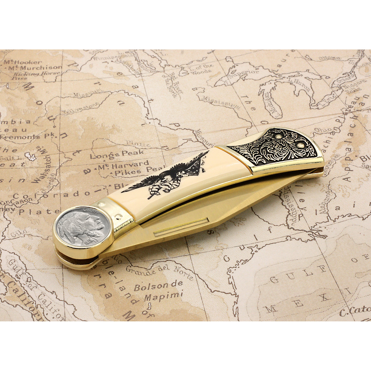 1913-1938 Buffalo Nickel Pocket Knife with American Bald Eagle and United States Flag Design