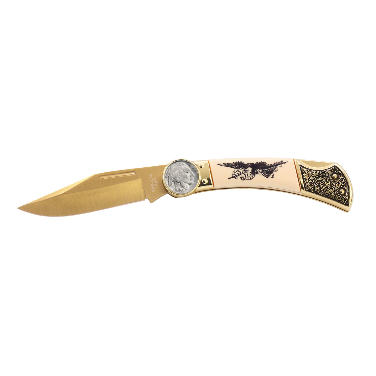 1913-1938 Buffalo Nickel Pocket Knife with American Bald Eagle and United States Flag Design