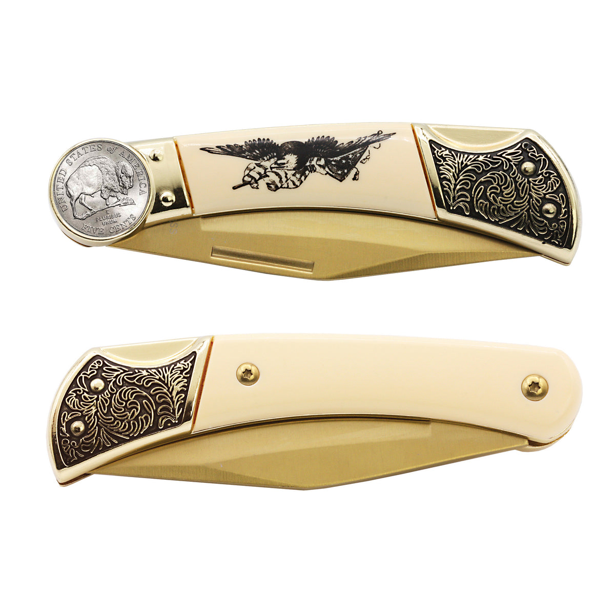 Bison 2005 Nickel Pocket Knife w/ American Bald Eagle and United States Flag Design