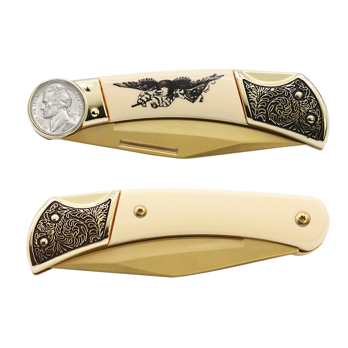1942-1945 Jefferson Silver Wartime Nickel Pocket Knife w/ American Bald Eagle and United States Flag Design