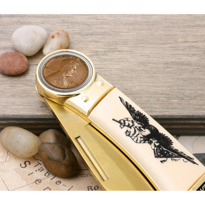 1909 First-Year-of-Issue Lincoln Wheat Penny Pocket Knife w/ American Bald Eagle and United States Flag Design