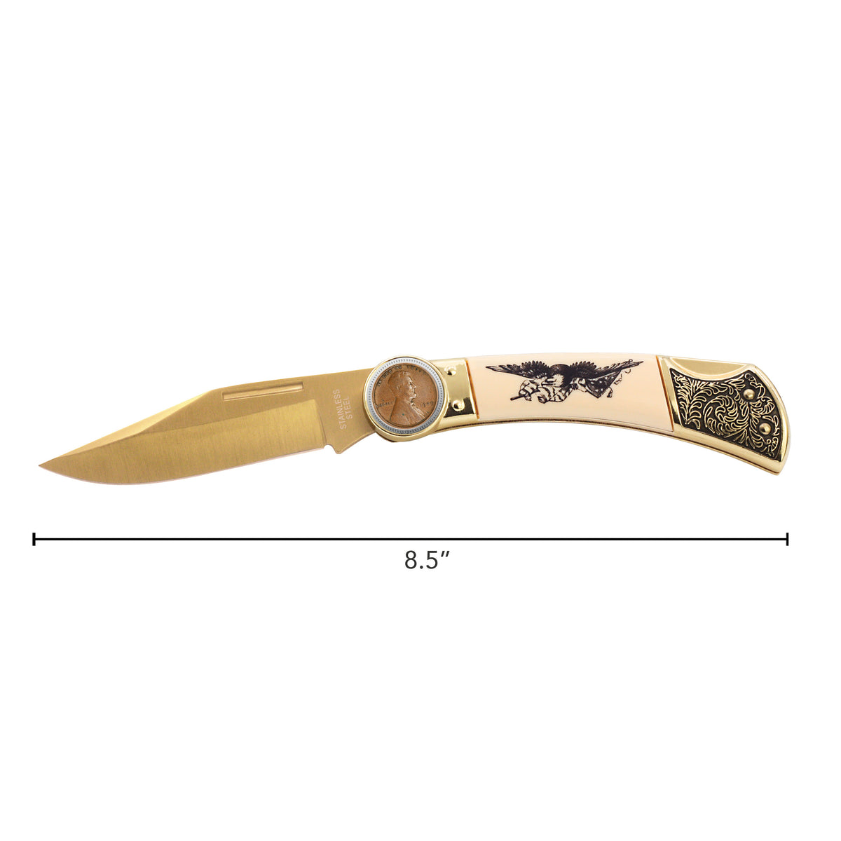 1909 First-Year-of-Issue Lincoln Wheat Penny Pocket Knife w/ American Bald Eagle and United States Flag Design