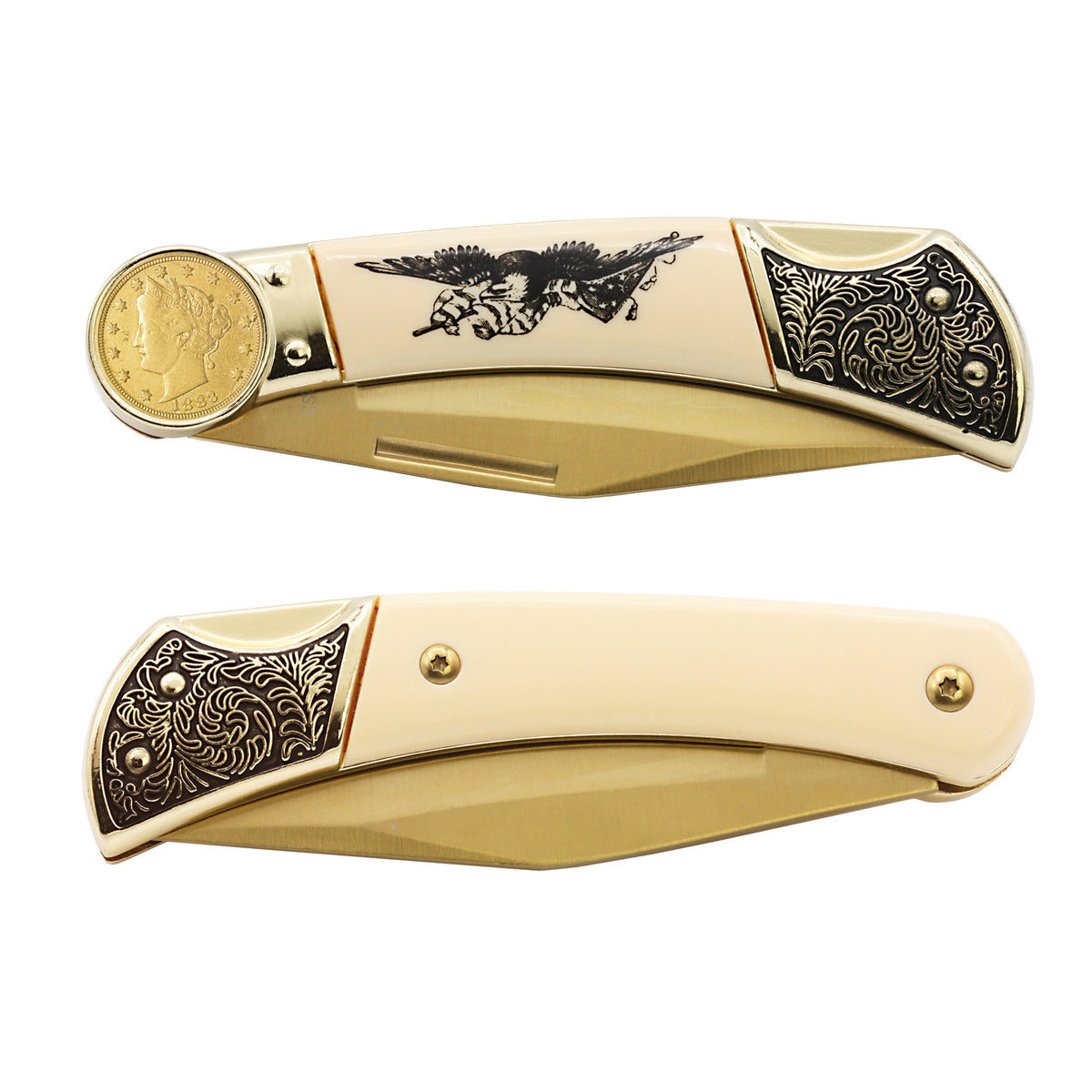 1883 First-Year-of-Issue Gold-Layered Racketeer Liberty Nickel Pocket Knife w/ American Bald Eagle and United States Flag Design