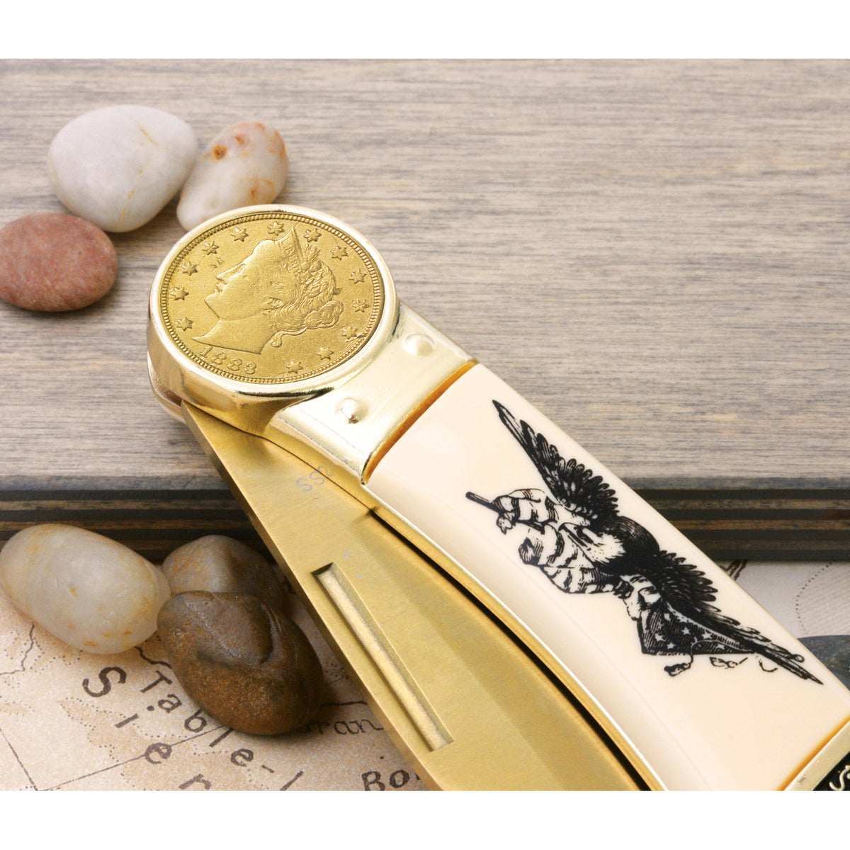 1883 First-Year-of-Issue Gold-Layered Racketeer Liberty Nickel Pocket Knife w/ American Bald Eagle and United States Flag Design