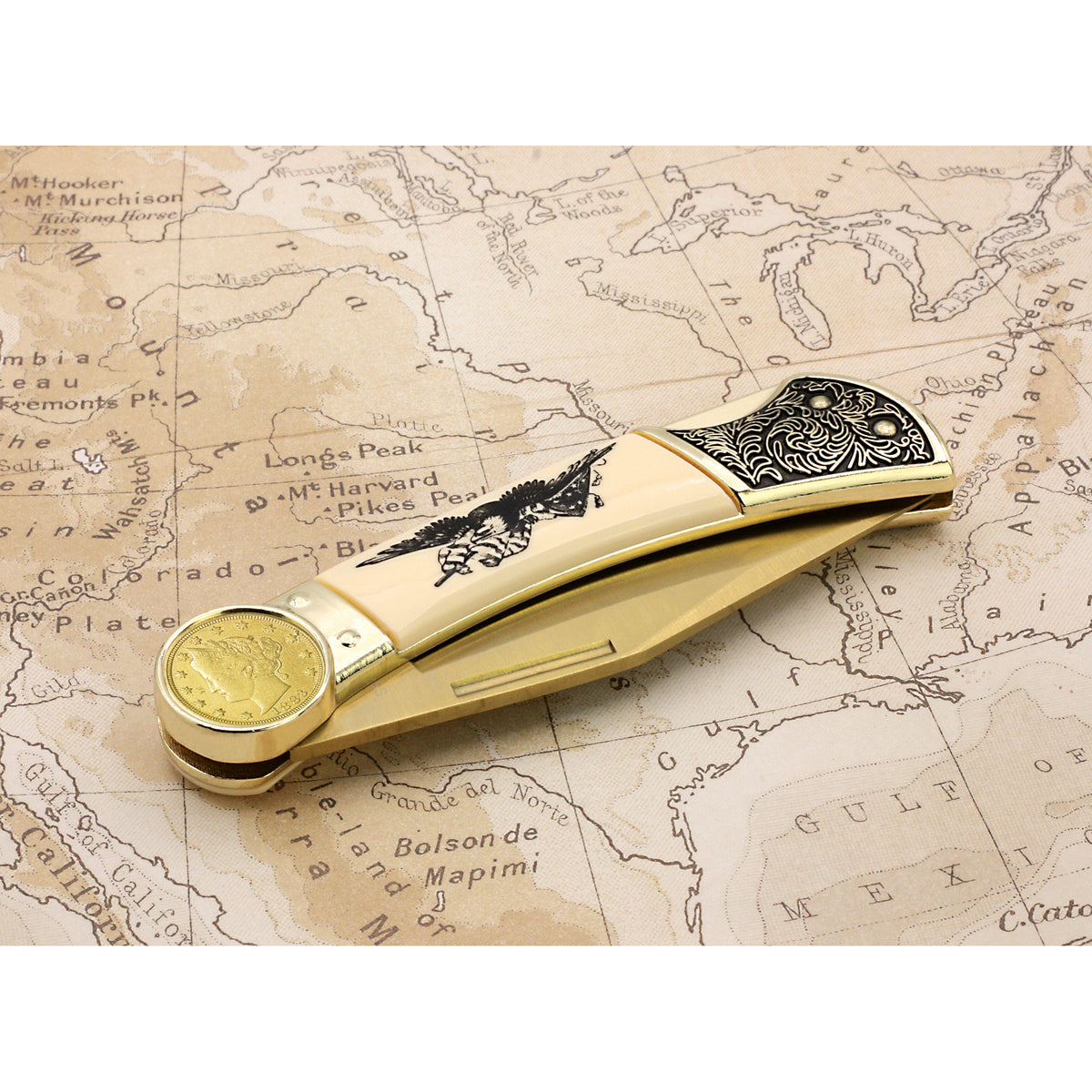 1883 First-Year-of-Issue Gold-Layered Racketeer Liberty Nickel Pocket Knife w/ American Bald Eagle and United States Flag Design