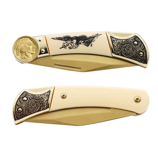 1913-1938 Gold-Layered Buffalo Nickel Pocket Knife w/ American Bald Eagle and United States Flag Design