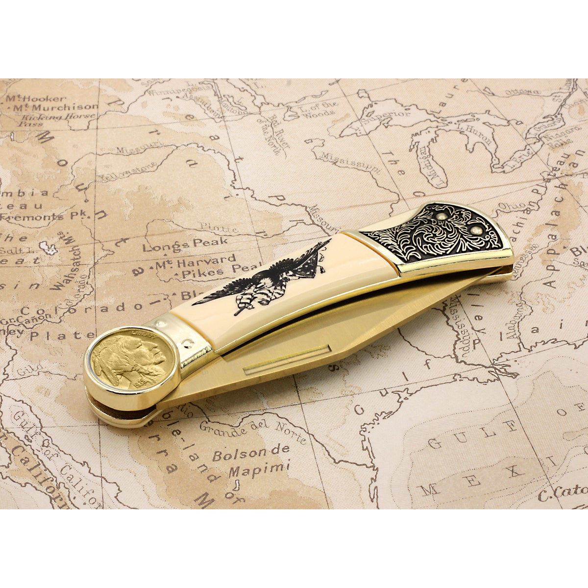 1913-1938 Gold-Layered Buffalo Nickel Pocket Knife w/ American Bald Eagle and United States Flag Design