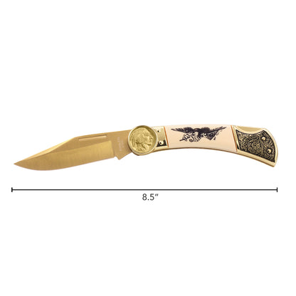 1913-1938 Gold-Layered Buffalo Nickel Pocket Knife w/ American Bald Eagle and United States Flag Design