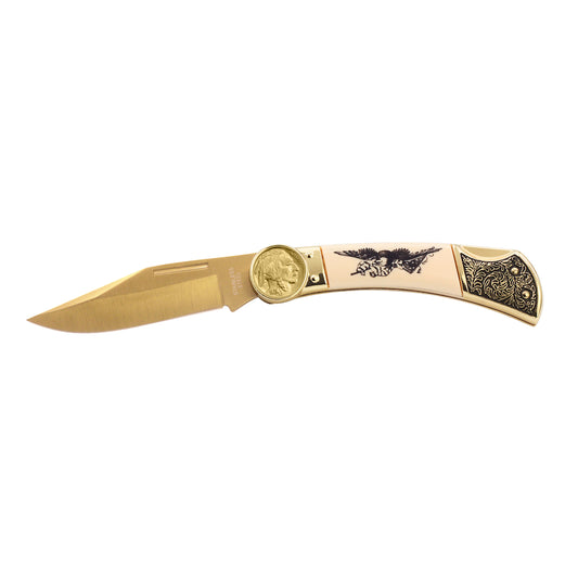 1913-1938 Gold-Layered Buffalo Nickel Pocket Knife w/ American Bald Eagle and United States Flag Design