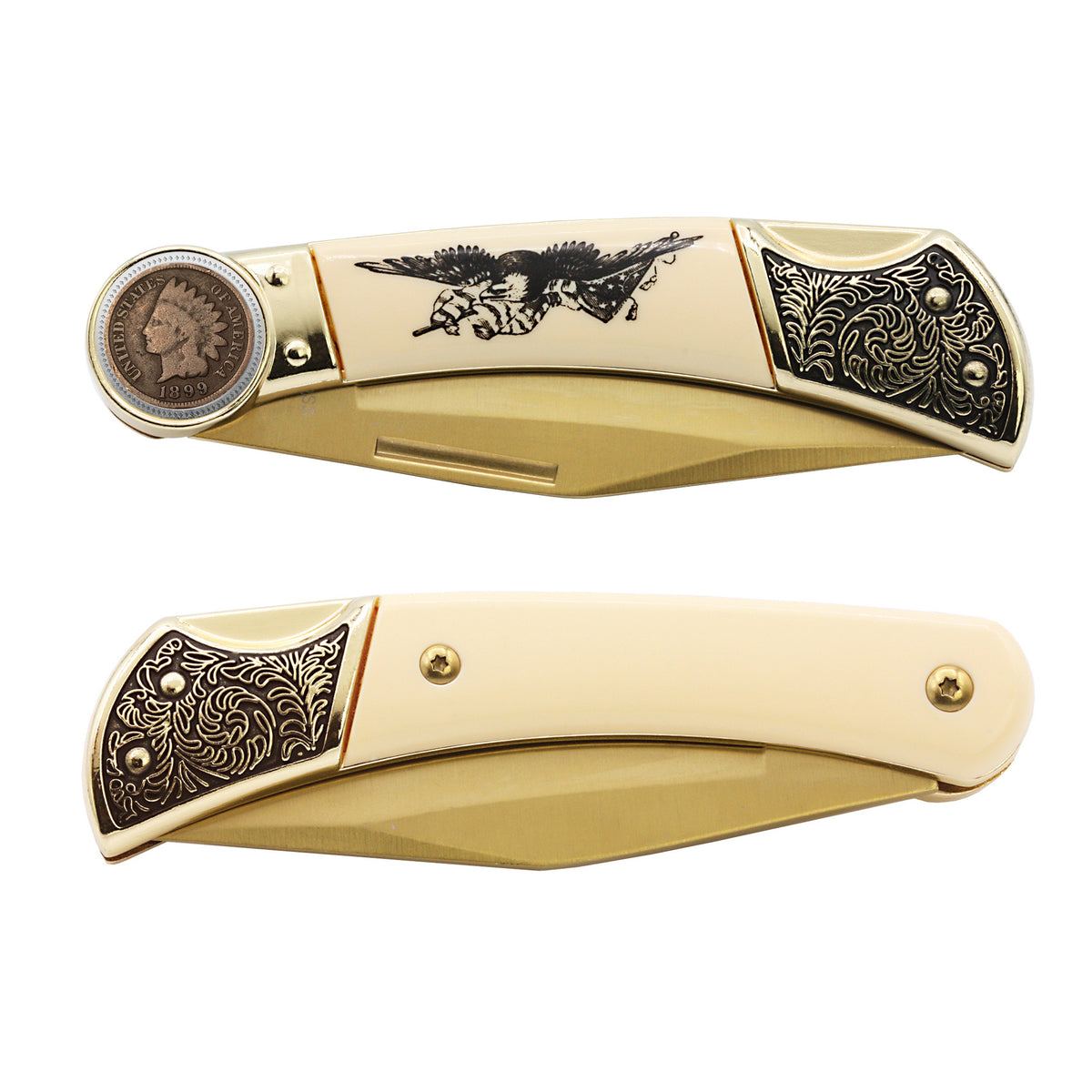 1800's Indian Head Penny Pocket Knife w/ American Bald Eagle and United States Flag Design