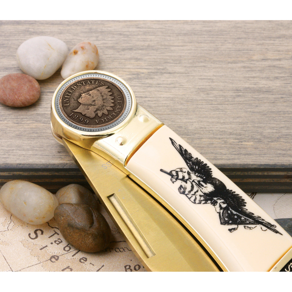 1800's Indian Head Penny Pocket Knife w/ American Bald Eagle and United States Flag Design