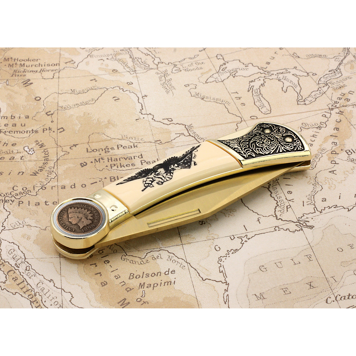 1800's Indian Head Penny Pocket Knife w/ American Bald Eagle and United States Flag Design