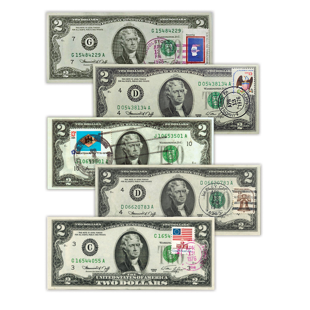 Set of Five 1976 $2 Federal Reserve Note 1st Day of Issue with Postmark & Stamp
