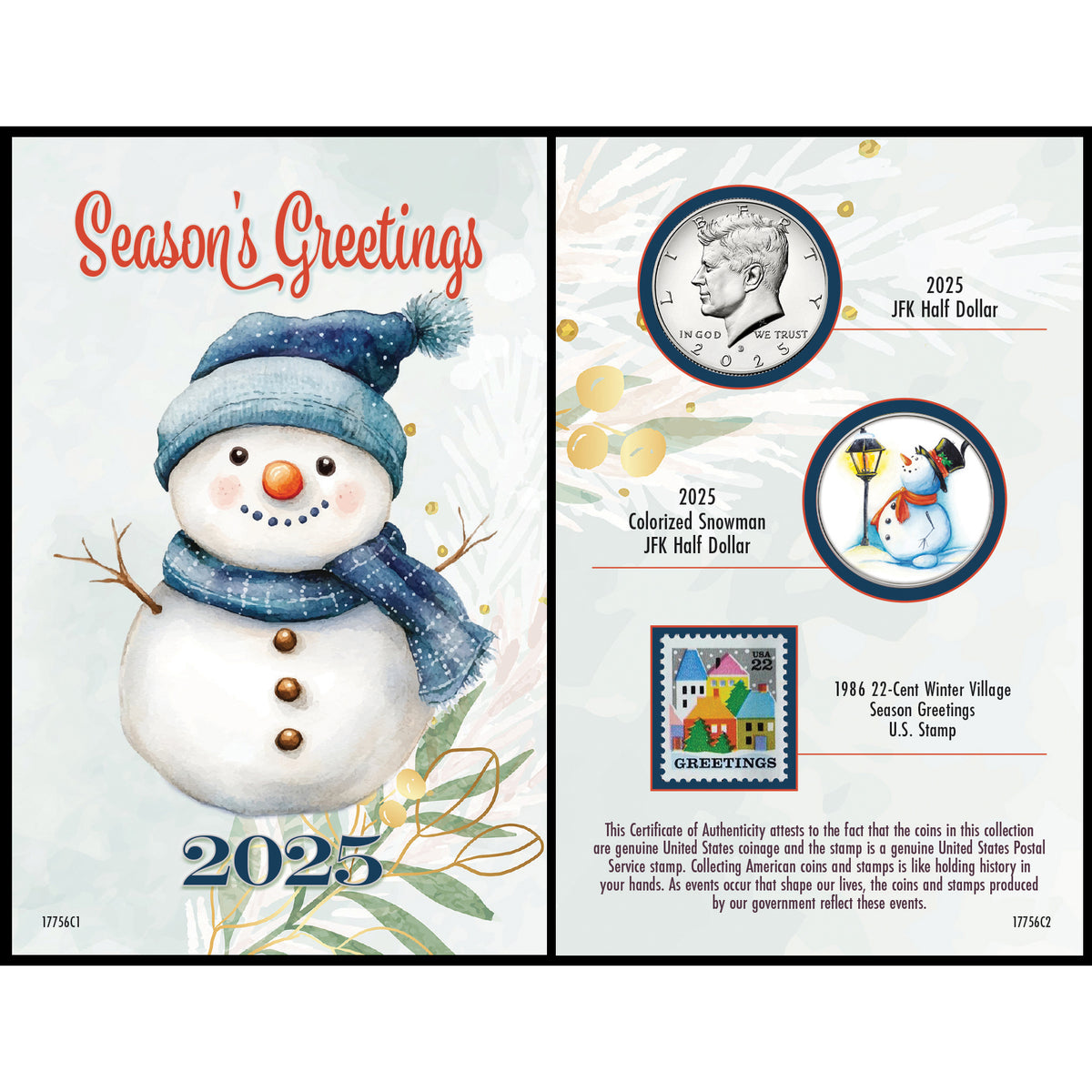 2025 Snowman Coin & Stamp Collectible JFK Greeting Card