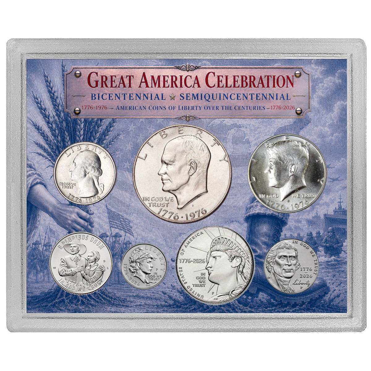 Great America Celebration 7 Coin Set 1776-1976 & 1776-2026 US Mint Coins