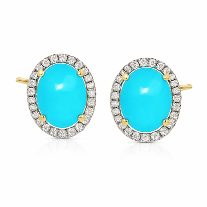 Sterling Silver 9x7mm Sleeping Beauty Turq & Lab-Grown Diamond Halo Stud Earrings