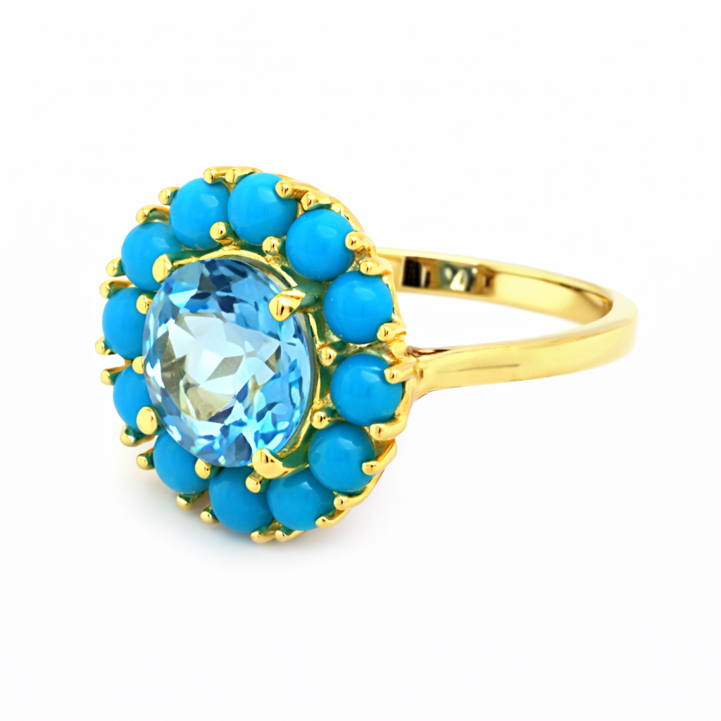Gold Plated 9mm Swiss Blue Topaz & Sleeping Beauty Turq Halo Ring