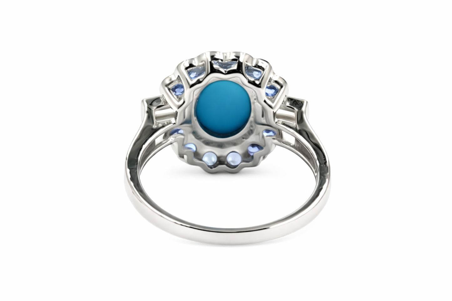 Sterling Silver 9x7mm Sleeping Beauty Turq & Ceylon Sapphire Halo Ring
