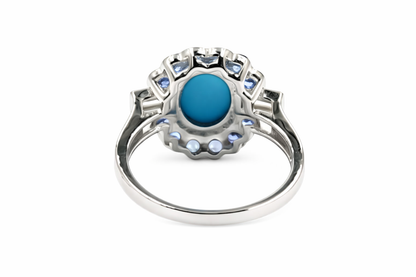 Sterling Silver 9x7mm Sleeping Beauty Turq & Ceylon Sapphire Halo Ring