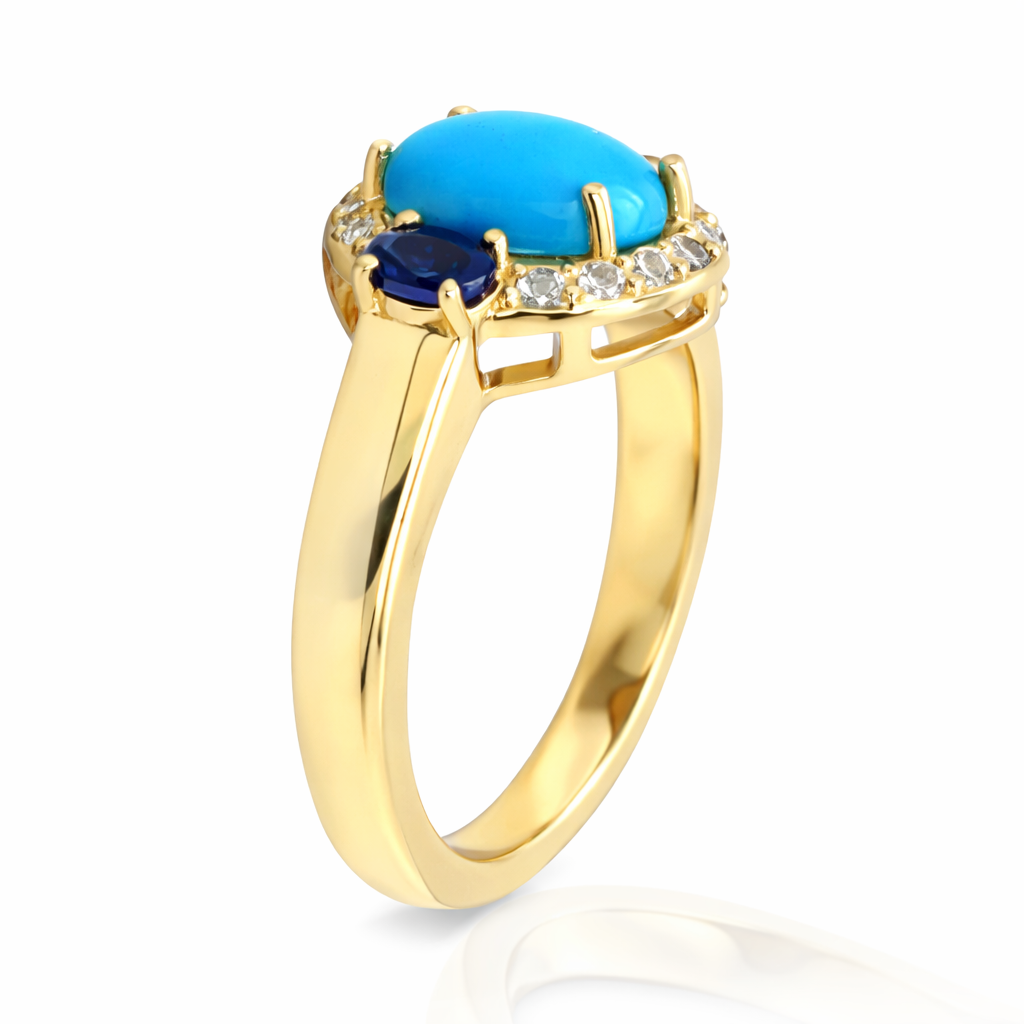 Gold Plated Sleeping Beauty Turq, Ceylon Sapphire & White Zircon Halo Ring